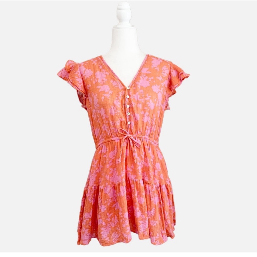 VICI Boho Tropical Floral Button Ruffle Babydoll Mini Dress Size Medium